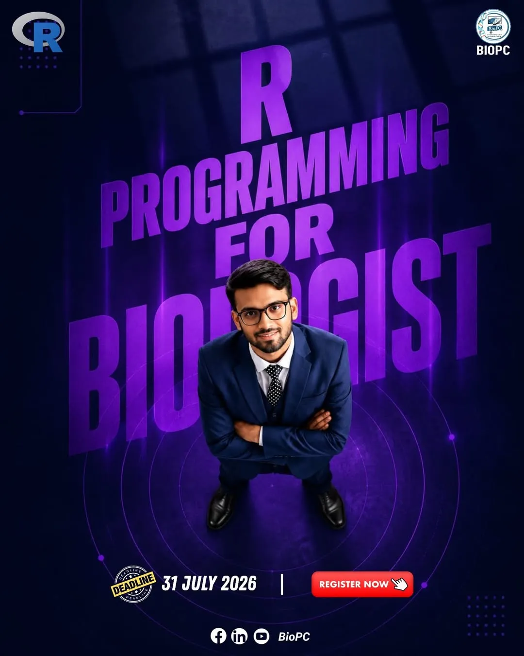 BioPC course poster: R Programming for Biologists, with Hridoy Ahmed as instructor.
